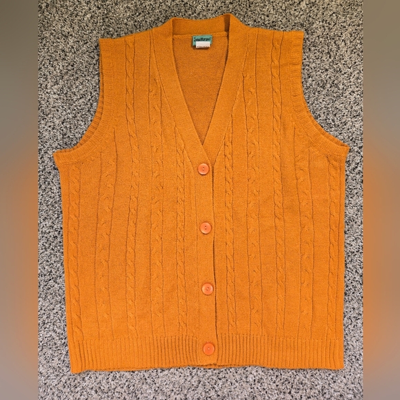 Vintage Sara Morgan Size Large Ochre Orange V-Neck Cable Knit Sweater Vest EUC - Picture 1 of 7